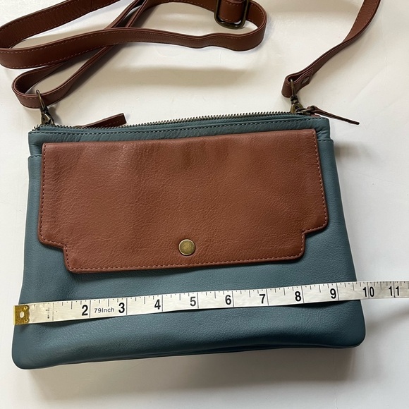 Serrv Leather Purse two Tone Blue & Tan Crossbody Bag Clutch Organizer 7”x10”x2” - Picture 10 of 11